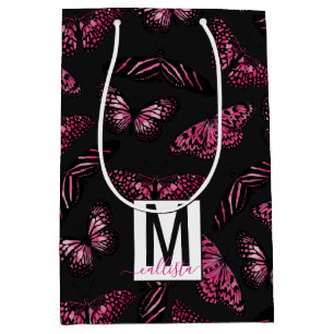 Roze Zwarte Vlinders Waterverf Patroon Monogram Medium Cadeauzakje