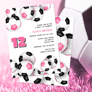 Roze Zwarte voetballen Kinderverjaardagsfeestje Kaart