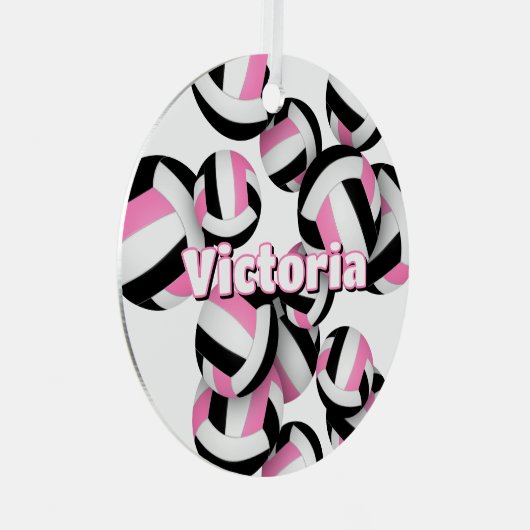 Roze zwarte volleyballen Een atleet naam Keepsake Metalen Ornament (Voorkant Rechts)