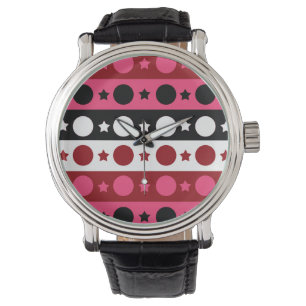 Roze Zwarte Witte Cirkel Sterren Stripes Design Horloge