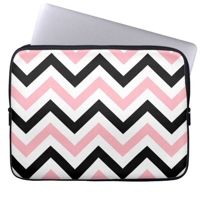 Roze, zwarte, witte grote Chevron ZigZag Pattern Laptop Sleeve (Voorkant)