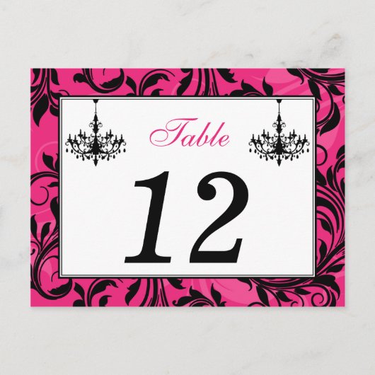 Roze zwarte witte luchters, Scroll Table Number Briefkaart (Voorkant)