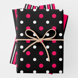 Roze, Zwarte & Witte Pretstrepen & Stippen Inpakpapier Vel