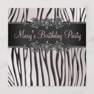 Roze zwarte Zebra Birthday Party Kaart