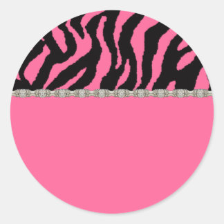 Roze & Zwarte Zebra & Diamanten Adresetiketten Ronde Sticker