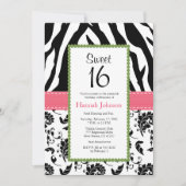 Roze zwarte Zebra Print Sweet Sixteen uitnodiging (Voorkant)