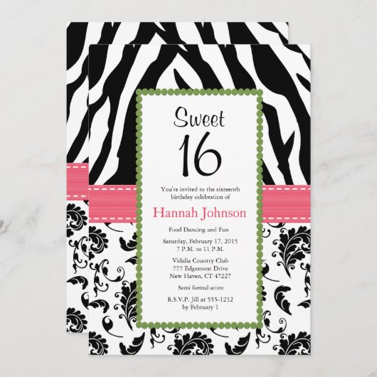 Roze zwarte Zebra Print Sweet Sixteen uitnodiging (Voorkant / Achterkant)