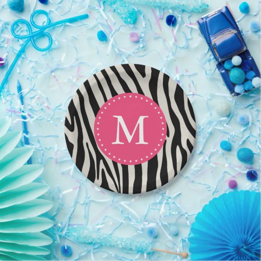 Roze & Zwarte Zebra Stripe Monogram Verjaardagsfee Papieren Bordje (Feest)