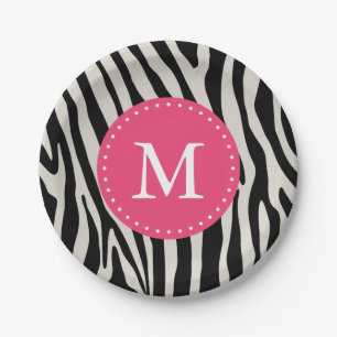 Roze & Zwarte Zebra Stripe Monogram Verjaardagsfee Papieren Bordje