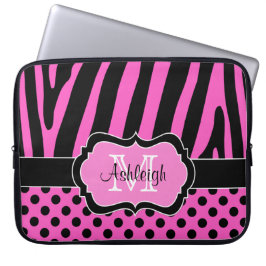 Roze zwarte Zebra Stripes Polka Dots Hoesje Laptop Sleeve