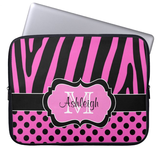 Roze zwarte Zebra Stripes Polka Dots Hoesje Laptop Sleeve (Voorkant)