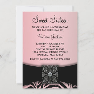 Roze Zwarte Zebra Sweet Sixteen Party Kaart