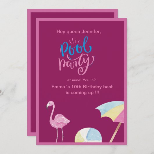 roze zwembadfeest spetterende verjaardagsuitnodigi kaart (Voorkant / Achterkant)