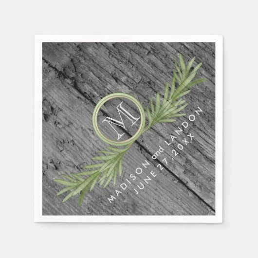 Rozemarijn en rustieke houten bruiloft servetten (Voorkant)