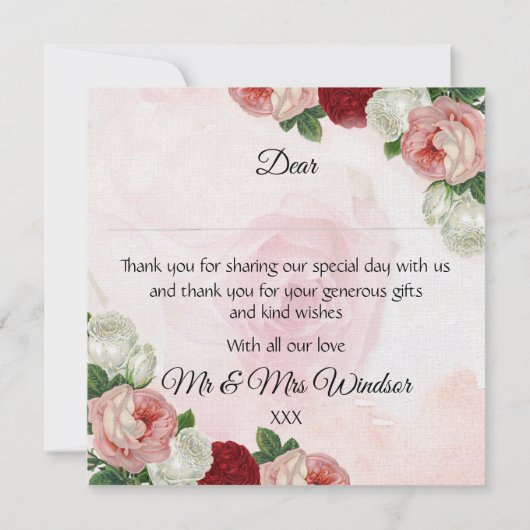 Rozen aangepaste bruiloft dank u kaart (Achterkant)