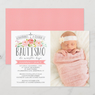 Rozen banner roze met foto Spanish Bautismo Kaart