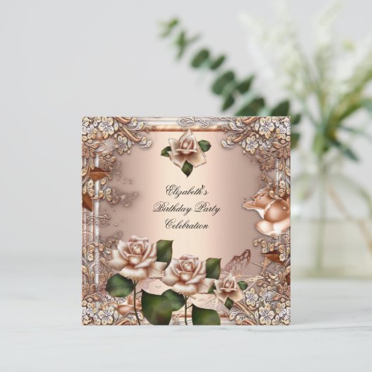 Rozen Beige Cream Gold Elegant Birthday Party Kaart (Staand voorkant)