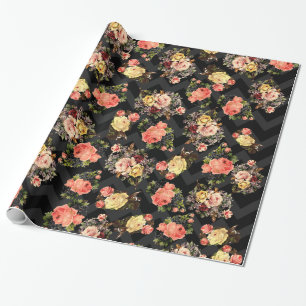 Rozen Black Chevron Pattern Floral Cadeaupapier