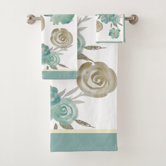 Rozen Blauw & Taupe op Cream Bad Handdoek (Insitu)
