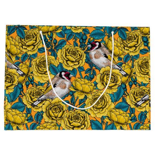 Rozen bloemen en goudvinken groot cadeauzakje (Achterkant)