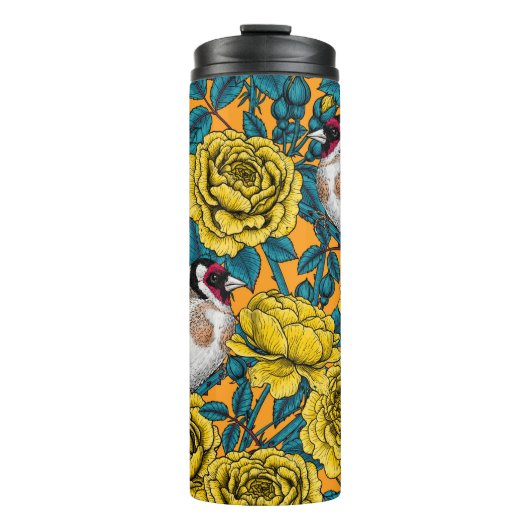 Rozen bloemen en goudvinken thermosbeker (Voorkant)