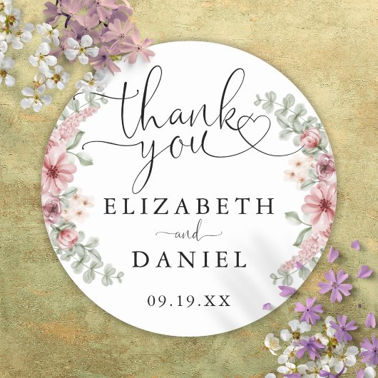 Rozen Bloemen Hart Script Dank u bruiloft gunst Ronde Sticker