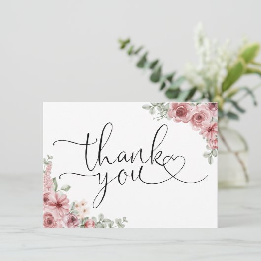 Rozen bloemenhart script zwart-wit bedankkaart (Staand voorkant)