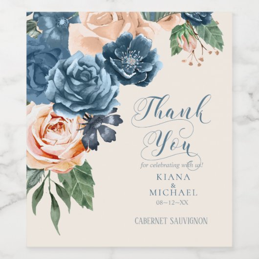 Rozen Blue/Peach Wedding Bedankt, ID584 Wijn Etiket (Enkel label)