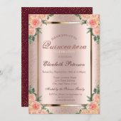 Rozen Confetti Roos Gold, Burgundy Quinceañera Kaart (Voorkant / Achterkant)
