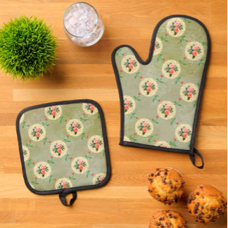 Rozen Doilies Vervaagd Smoky Green Damask Ovenwant & Pannenlap Set