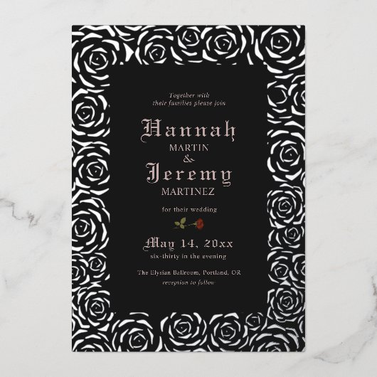 Rozen Elegant Black Silver Folie Uitnodiging (Voorkant)