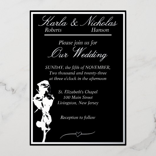 Rozen, Elegant Black Wedding, Silver Folie Uitnodiging (Voorkant)