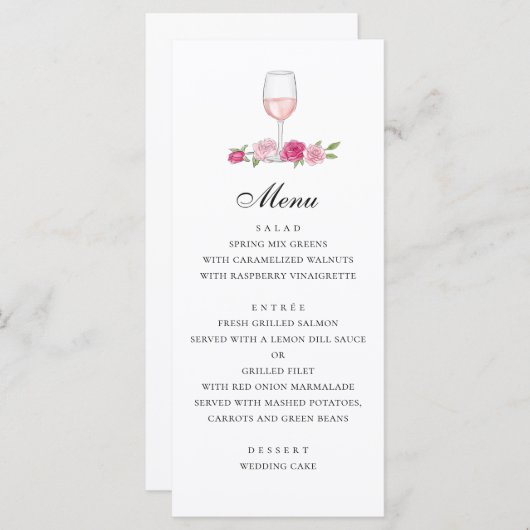 Rozen. Elegant roze bruiloft. Glas wijn Menu (Voorkant / Achterkant)