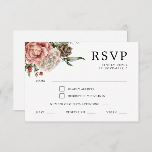 Rozen en dennen bloemenwinter bruiloft RSVP kaartje (Voorkant / Achterkant)