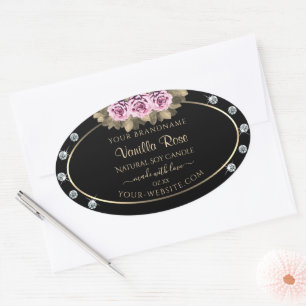 Rozen en diamanten voor zwarte productverpakkingen ovale sticker