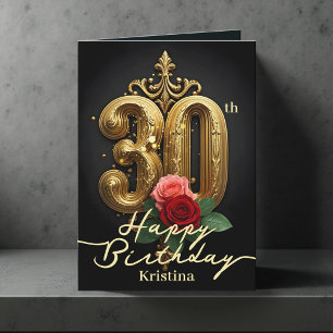 Rozen en gouden barok bloeit 30e verjaardag kaart