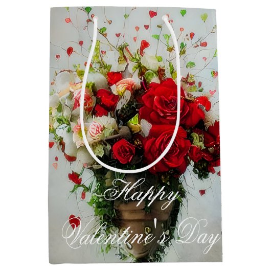 Rozen en harten, bouquet valentijn medium cadeauzakje (Voorkant)