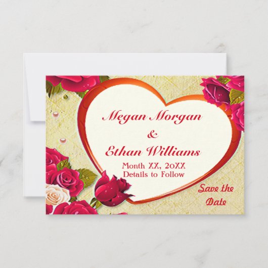 Rozen en Lijst hart opslaan Datum kleine platte Ka Save The Date (Voorkant)