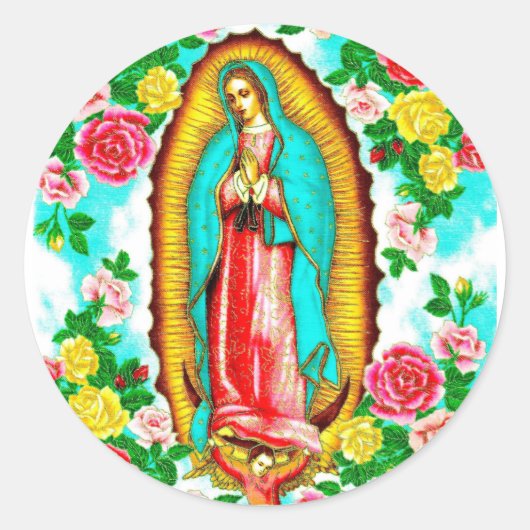 ROZEN EN MADONNA VAN GUADALUPE.ART DESIGN RONDE STICKER (Voorkant)