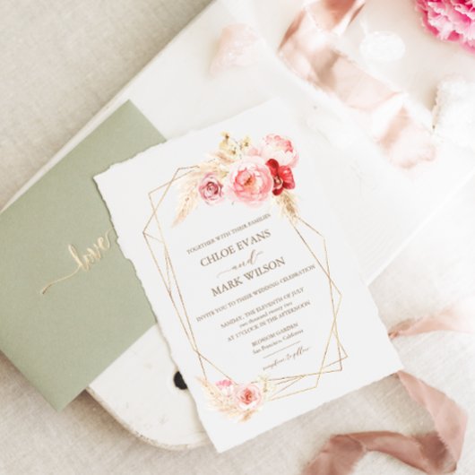 Rozen en Pampas Grass Gold Lijst Wedding Kaart