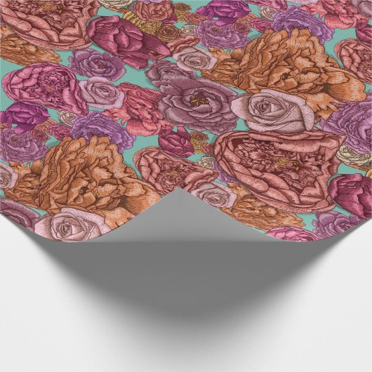 Rozen en pinda's met handgetekende bloem op munt cadeaupapier (Hoek)