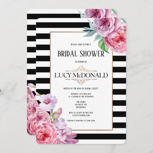 Rozen en strepen Bridal Shower Uitnodiging (Voorkant / Achterkant)