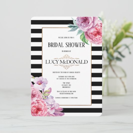 Rozen en strepen Bridal Shower Uitnodiging (Staand voorkant)