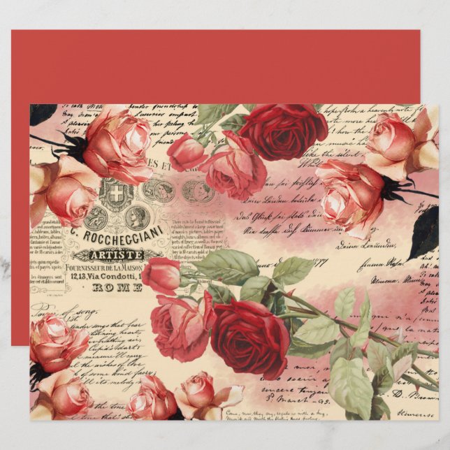  Rozen Ephemera Scrapbook Paper Sheet (Voorkant / Achterkant)