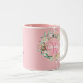 Rozen Floral Elegant Script Monogram roze Tweekleurige Koffiemok (Voorkant rechts)