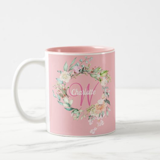Rozen Floral Elegant Script Monogram roze Tweekleurige Koffiemok (Links)