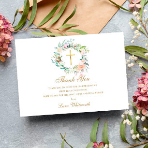 Rozen Floral Garland Gold First Heilige Communie Bedankkaart