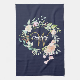 Rozen Floral Gold Script Monogram Navy Blue Theedoek