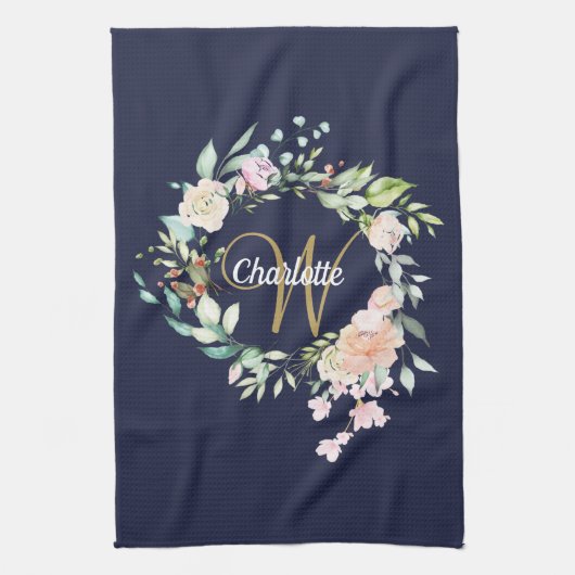 Rozen Floral Gold Script Monogram Navy Blue Theedoek (Verticaal)