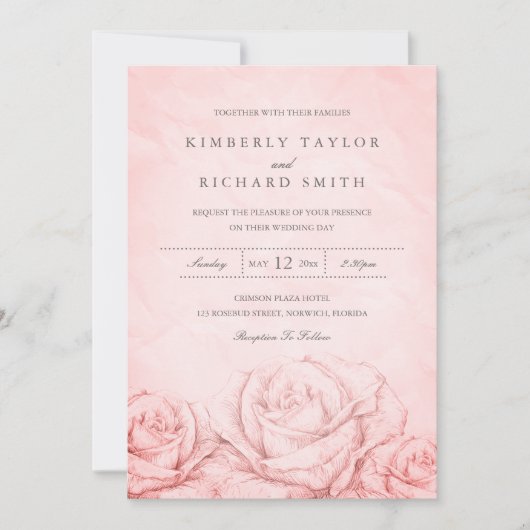 Rozen Floral Pink Elegant Wedding Kaart (Voorkant)